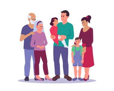 Mutlu aile vektör çizimleri. Baba, anne, büyükbaba, büyükanne ve çocuklar düz tasarım. Renkli grafikler