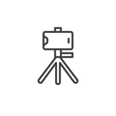 Cep telefonu üç ayaklı hat ikonunda. Mobil konsept ve web tasarımı için doğrusal biçim işareti. Akıllı telefon tripod ana hatlı vektör simgesi. Sembol, logo çizimi. Vektör grafikleri