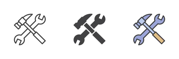 Schraubenschlüssel Und Hammer Verschiedene Stil Icon Set Linie Glyphen Und — Stockvektor