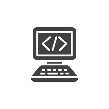 Programlama, kodlama vektör simgesi. Mobil konsept ve web tasarımı için düz tabela. Bilgisayar kodu simgesi simgesi. Sembol, logo çizimi. Vektör grafikleri