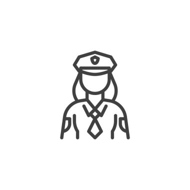 Kadın polis çizgisi ikonu. Mobil konsept ve web tasarımı için doğrusal biçim işareti. Kadın polis memuru vektör ikonunu özetliyor. Sembol, logo çizimi. Vektör grafikleri