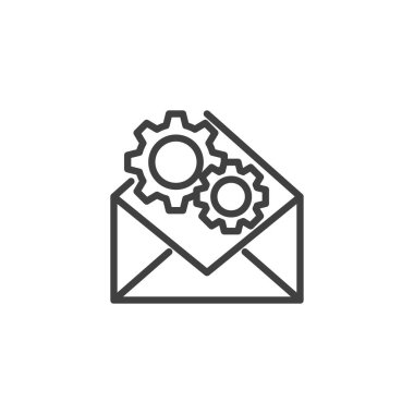 E- posta destek satırı simgesi. Mobil konsept ve web tasarımı için doğrusal biçim işareti. Zarf ve dişliler vektör simgesini çiziyor. Sembol, logo çizimi. Vektör grafikleri