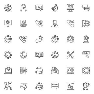 Teknik destek çizgisi simgeleri ayarlandı. Çevrimiçi servis doğrusal biçim sembolleri koleksiyonu, ana hat işaretleri paketi. Müşteri desteği vektör grafikleri. Analiz olarak simgeler, SSS, yardım masası asistanı, dişli