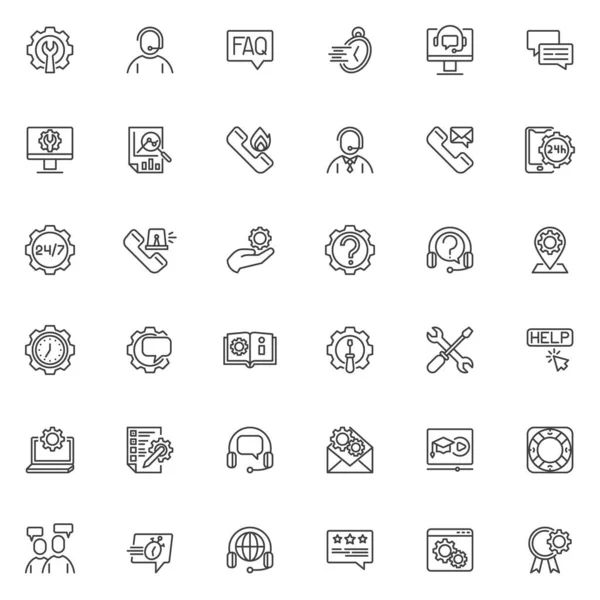 テクニカルサポートラインアイコンが設定されます オンラインサービスリニアスタイルのシンボルコレクション アウトラインサインパック カスタマーサポートベクトルグラフィックス セットには Faq ヘルプデスクアシスタント ギアなどのアイコンが含まれます — ストックベクタ