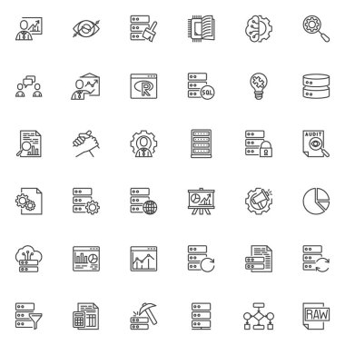 Veri analiz çizgisi simgeleri ayarlandı. Doğrusal biçim sembolleri koleksiyonu, ana tabela işaretleri paketi. Veri Analitik Vektör Grafikleri. Makine öğrenimi, veritabanı sunucusu, programlama, yönetim olarak simgeleri içerir