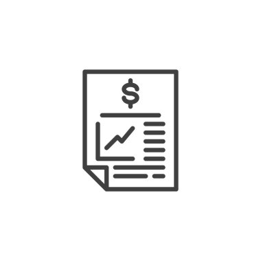Finansal rapor çizgisi ikonu. Mobil konsept ve web tasarımı için para sözleşmesi imzası. Dolar oranı doküman ana hatları vektör simgesi. Sembol, logo çizimi. Vektör grafikleri