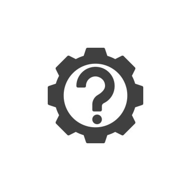 Teknik destek vektör simgesi. Mobil konsept ve web tasarımı için düz tabela. Soru işareti simgesi olan vites. Sembol, logo çizimi. Vektör grafikleri