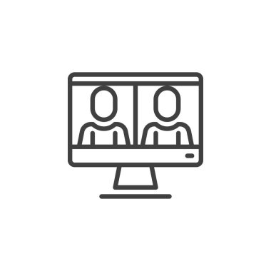 Çevrimiçi buluşma hattı simgesi. Mobil konsept ve web tasarımı için doğrusal biçim işareti. Sosyal medya, iletişim ana hatları vektör simgesi. Sembol, logo çizimi. Vektör grafikleri