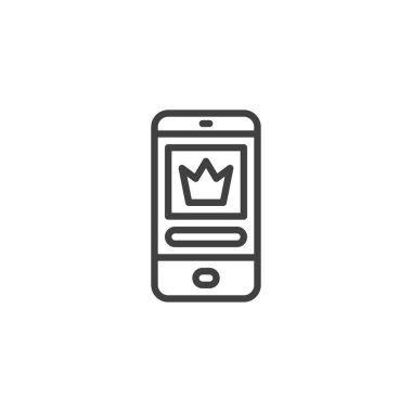 Premium içerik çizgisi simgesi. Mobil konsept ve web tasarımı için doğrusal biçim işareti. Taçlı dış hat vektör simgesi olan telefon ekranı. Sembol, logo çizimi. Vektör grafikleri