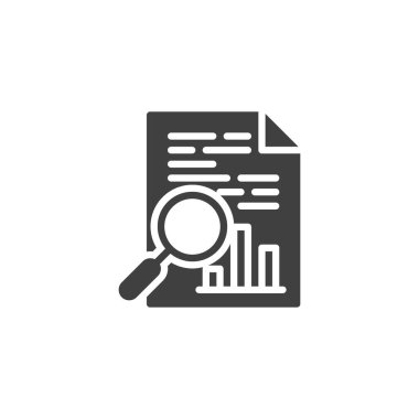 Araştırma, araştırma vektör ikonu. İş Analizi, mobil konsept ve web tasarımı için düz tabela doldurdu. Belge ve büyüteç cam sembol. Sembol, logo çizimi. Vektör grafikleri
