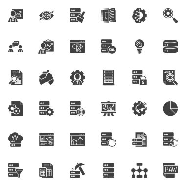 Veri analiz vektör simgeleri seti, modern katı sembol koleksiyonu, doldurulmuş biçim piktogram paketi. İşaretler, logo illüstrasyonu. Makine öğrenimi, veritabanı sunucusu, programlama, yönetim olarak simgeleri içerir