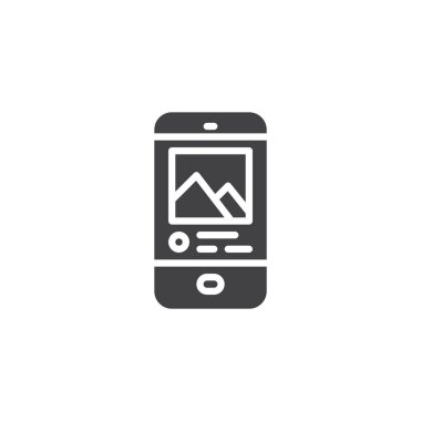 Seyahat günlüğü vektör simgesi. Mobil konsept ve web tasarımı için düz tabela. Dağ sembollü telefon ekranı. Sembol, logo çizimi. Vektör grafikleri