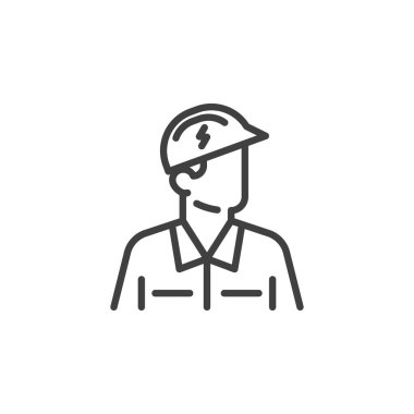Elektrikçi avatar çizgisi simgesi. Mobil konsept ve web tasarımı için doğrusal biçim işareti. İş kıyafeti üniforması taslak vektör simgesi. Sembol, logo çizimi. Vektör grafikleri
