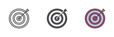 Hedef ok farklı biçim simgesi seti. Çizgi, kabartma ve doldurulmuş renkli versiyon, ana hatlar ve doldurulmuş vektör işareti. Sembol, logo çizimi. Vektör grafikleri