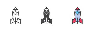 Roket fırlatma farklı stil simgesi seti. Çizgi, kabartma ve doldurulmuş renkli versiyon, ana hatlar ve doldurulmuş vektör işareti. Sembol, logo çizimi. Vektör grafikleri