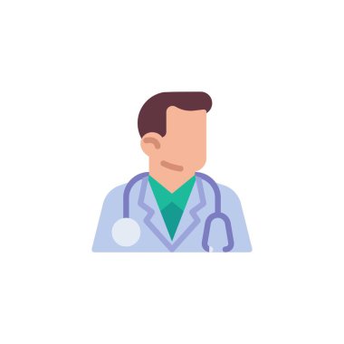 Doktor Avatar düz ikon, vektör işareti, beyaz üzerine izole edilmiş steteskop renkli piktogramı olan doktor. Sembol, logo çizimi. Düz biçim tasarımı