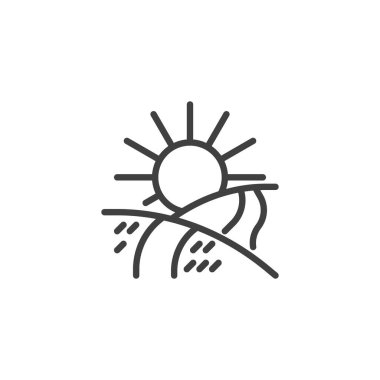 Otlaklar ve gündoğumu ikonu. Mobil konsept ve web tasarımı için Meadow Road ve Sun Linear style tabelası. Doğa peyzajı vektör ikonu. Sembol, logo çizimi. Vektör grafikleri