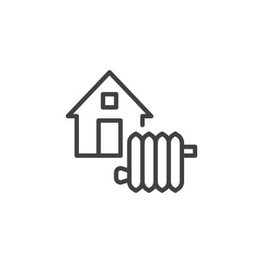 Ev Isıtma Sistemi çizgi simgesi. Mobil konsept ve web tasarımı için doğrusal biçim işareti. Ev ve ısıtıcı radyatör ana hatları vektör simgesi. Sembol, logo çizimi. Vektör grafikleri
