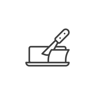 Tereyağı ve bıçak çizgisi ikonu. Mobil konsept ve web tasarımı için doğrusal biçim işareti. Tereyağı kesme vektör simgesi. Sembol, logo çizimi. Vektör grafikleri