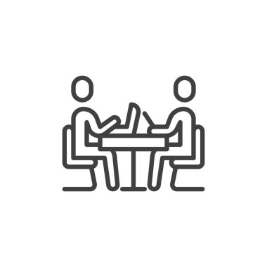 Birlikte çalışan uzay çizgisi simgesi. Mobil konsept ve web tasarımı için doğrusal biçim işareti. Masada oturan iki kişi dizüstü bilgisayarın ana hatları üzerinde çalışıyor. Sembol, logo çizimi. Vektör grafikleri