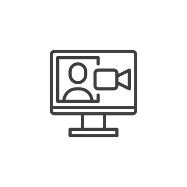 Video konferans hattı simgesi. Mobil konsept ve web tasarımı için doğrusal işaret kullan. Çevrimiçi toplantı ana hatları vektör simgesi. Uzaktan eğitim sembolü, logo çizimi. Vektör grafikleri