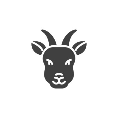 Keçi yüzlü vektör simgesi. Mobil konsept ve web tasarımı için düz tabela. Boynuzlu keçi kafası sembolü. Sembol, logo çizimi. Vektör grafikleri