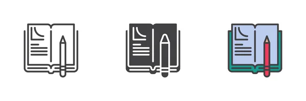 ノートブックと鉛筆異なるスタイルのアイコンセット グリフ 塗りつぶしのアウトラインのカラフルなバージョン アウトライン 塗りつぶしのベクトル記号 シンボル ロゴイラスト ベクトルグラフィックス — ストックベクタ