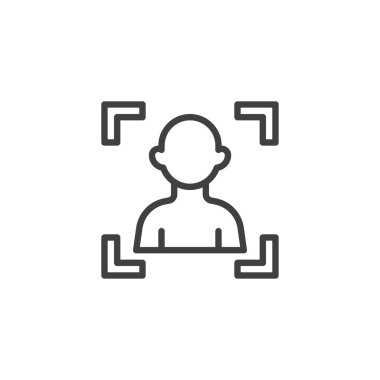 Kamera portresi çizgi simgesi. Mobil konsept ve web tasarımı için doğrusal biçim işareti. Fotoğraf makinesi odak çerçevesi ana hatlı vektör simgesi. Sembol, logo çizimi. Vektör grafikleri