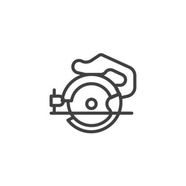 Dairesel testere çizgisi simgesi. Mobil konsept ve web tasarımı için doğrusal biçim işareti. Elle tutulan dairesel testere ana hatlı vektör simgesi. Sembol, logo çizimi. Vektör grafikleri