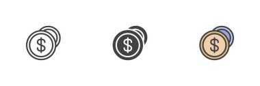 Dolar parası farklı stil simgesi seti. Çizgi, kabartma ve doldurulmuş renkli versiyon, ana hatlar ve doldurulmuş vektör işareti. Dolar para birimi sembolü, logo illüstrasyonu. Vektör grafikleri