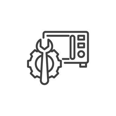 Mikrodalga tamir çizgisi ikonu. Mobil konsept ve web tasarımı için doğrusal biçim işareti. Teçhizatlı mikrodalga ve anahtar ana hatlı vektör ikonu. Sembol, logo çizimi. Vektör grafikleri