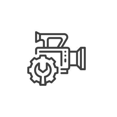 Video kamera tamir çizgisi simgesi. Mobil konsept ve web tasarımı için doğrusal biçim işareti. Teçhizatlı kamera ve anahtar ana hatlı vektör simgesi. Sembol, logo çizimi. Vektör grafikleri
