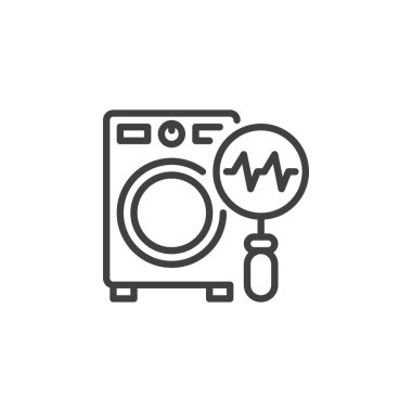 Çamaşır makinesi teşhis çizgisi simgesi. Mobil konsept ve web tasarımı için doğrusal biçim işareti. Çamaşır makinesi ve büyüteç ana hatlı vektör simgesi. Sembol, logo çizimi. Vektör grafikleri