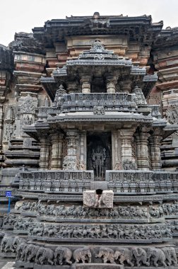 Antik Chennakesava Tapınağı 'nın önünde karmaşık taş oymaları, Belur, Hindistan.