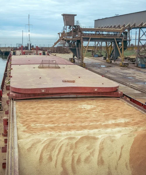 桟橋で穀物の完全なオープンホールドとドライ貨物船 — ストック写真