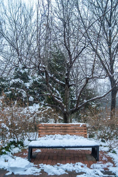 Una Panchina Innevata Parco — Foto Stock