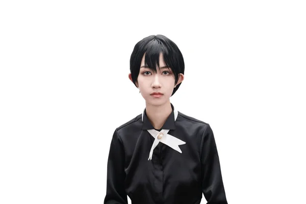 Een Meisje Met Kort Haar Gekleed Zwart — Stockfoto