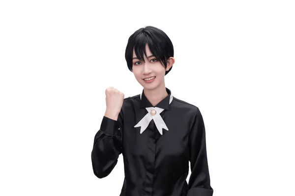 Uma Menina Com Cabelo Curto Vestido Preto — Fotografia de Stock