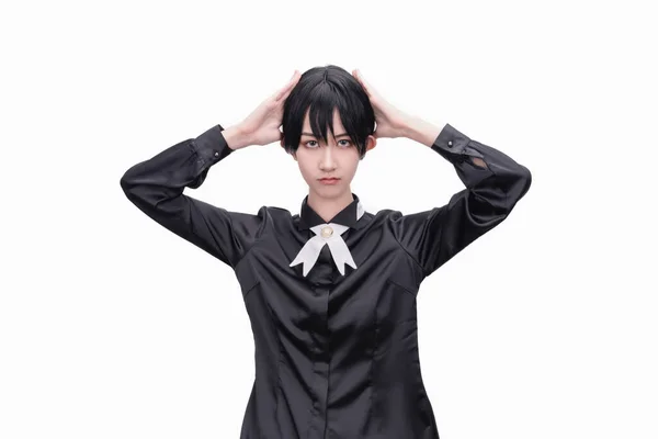 Uma Menina Com Cabelo Curto Vestido Preto — Fotografia de Stock