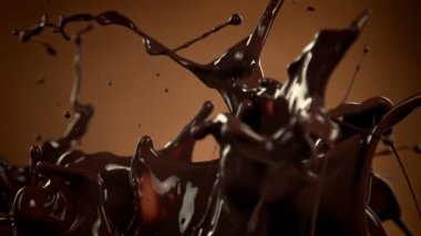 Kahverengi Gradyan Arkaplanda 1000 fps 'de Süper Yavaş Su Sıçratma Çekimi Eritilmiş Çikolata. 4K Çözünürlükte Yüksek Hız Sinema Kamerası ile Çekim.