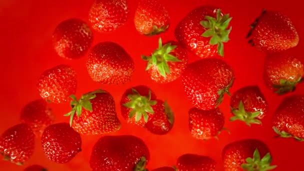 Super Slow Motion Shot Strawberries Red Fone Flying Camera 1000Fps — стоковое видео