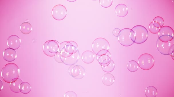 Super Slow Motion Shot Flying Colorful Soap Bubbles Pink Background — Stock Video