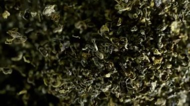 Kurumuş Yeşil Çay Patlamasının Süper Yavaş Çekimi Kara Arkaplan 'da izole edildi. 4K 'da Yüksek Hız Sinema Kamerası ile çekildi..