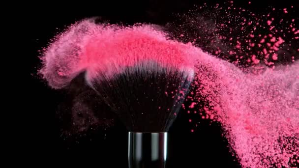 Super Slow Motion Shot Polvo Rosa Pinceles Maquillaje Tocan Entre — Vídeo de stock