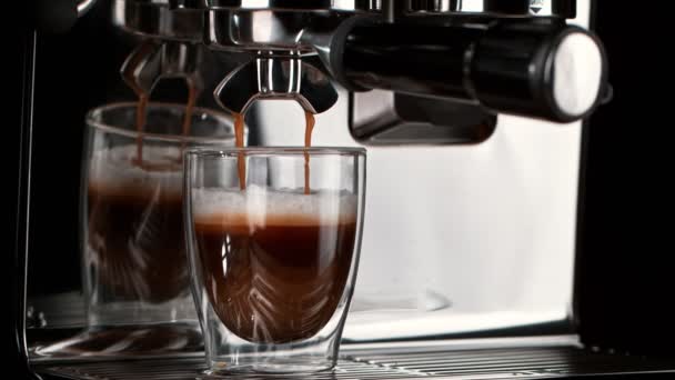 Super Slow Motion Shot Lever Coffee Machine Pouring Espresso Milk — Stock Video