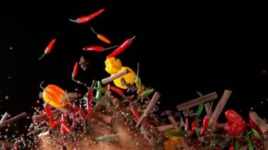 Renkli Baharat Patlamasının Süper Yavaş Çekimi Kara Arkaplanda 1000fps 'te izole edildi.