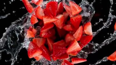 Süper yavaş çekimde, patlamış taze çilekler, siyaha vuran suyla birlikte 1000 fps hızla dönüyor. Yüksek hızlı sinema kamerasıyla çekilmiş..