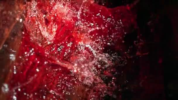 Super Slow Motion Detail Shot Splashing Red Wine Wooden Barrel — Stock Video