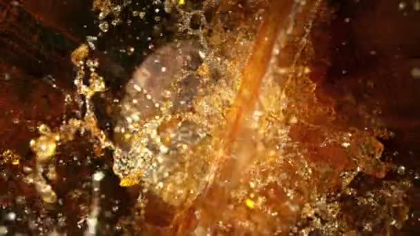 Super Slow Motion Shot Golden Alcohol Liquid Splashing Oak Wooden — Video