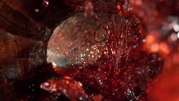 Super Slow Motion Shot Red Wine Splashing Old Oak Wooden — Stock video